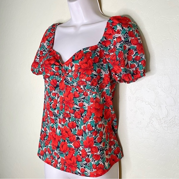Floral Print Red and Green Puff Sleeve Blouse Top Size Small S - Picture 1 of 16